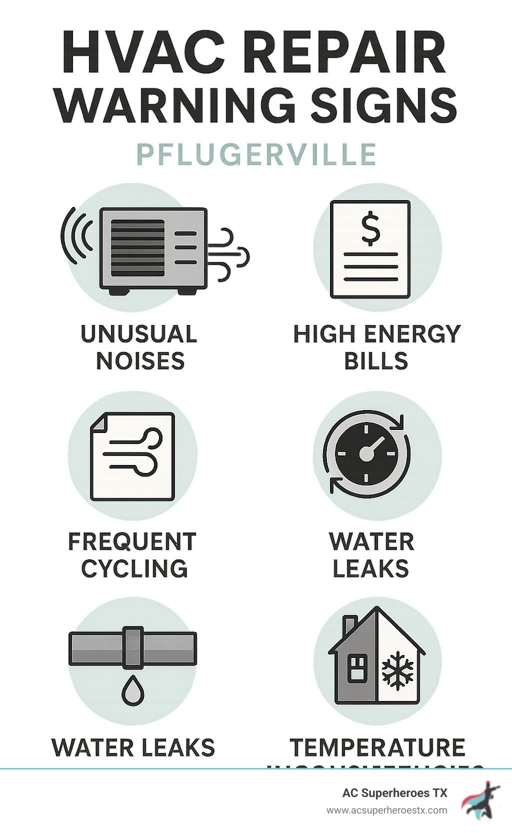 Infographic showing common HVAC repair warning signs including unusual noises, weak airflow, high energy bills, frequent cycling, water leaks, and temperature inconsistencies throughout the home - HVAC repair Pflugerville infographic Infographic showing common HVAC repair warning signs including unusual noises, weak airflow, high energy bills, frequent cycling, water leaks, and temperature inconsistencies throughout the home - HVAC repair Pflugerville infographic