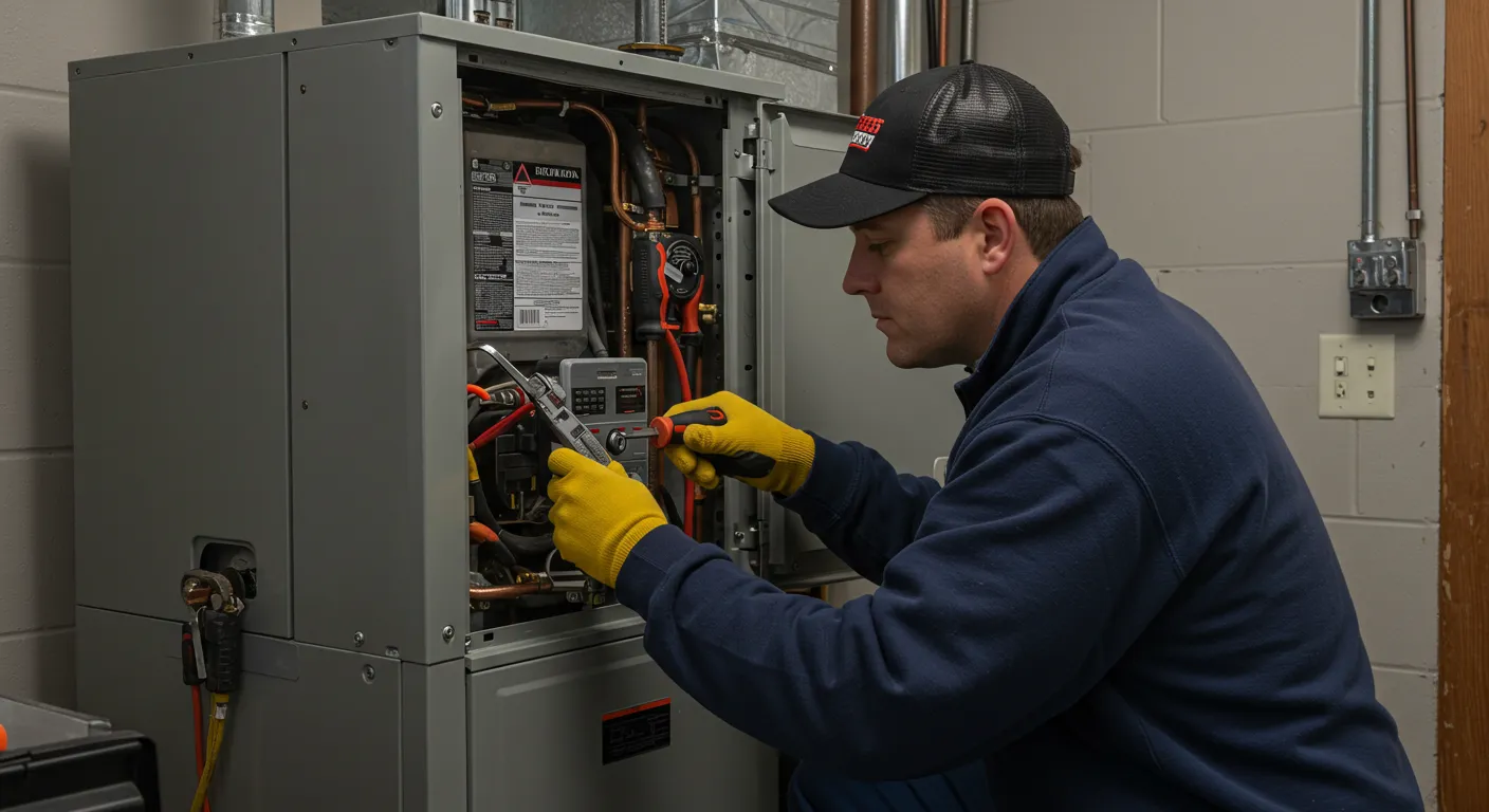 A technician wearing a black hat and yellow gloves kneels to service an open furnace with a multi-meter and a screwdriver.