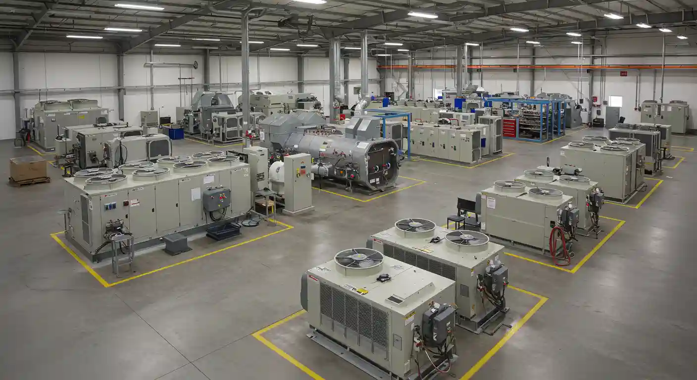 An expansive view of a large warehouse or factory floor filled with numerous, industrial-sized commercial HVAC units and chillers marked by yellow safety lines.