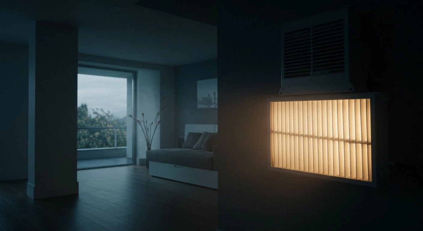 A dimly lit, indoor scene focusing on a whole-home air filtration system mounted on a wall. The lower portion of the unit is a large, square light panel with vertical slats glowing with a warm, yellow light. Above it is a smaller, white unit with a grille, suggesting a fan or vent. The background shows a modern bedroom with a bed and a large sliding glass door opening to a balcony, with trees and a hazy sky visible outside. The room is dark with a cool, blue-gray tone, which contrasts with the warmth of the filter's light. The overall mood is quiet and atmospheric.