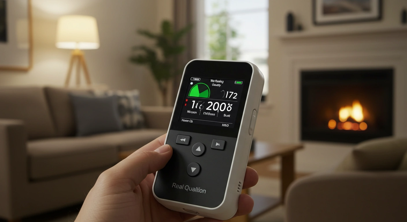 Hand holding air quality monitor display.