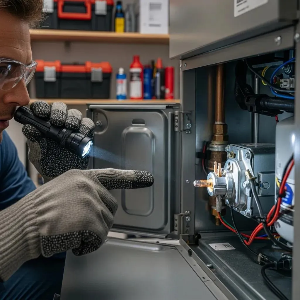 A homeowner performing a safe visual check of a furnace ignition from the doorway