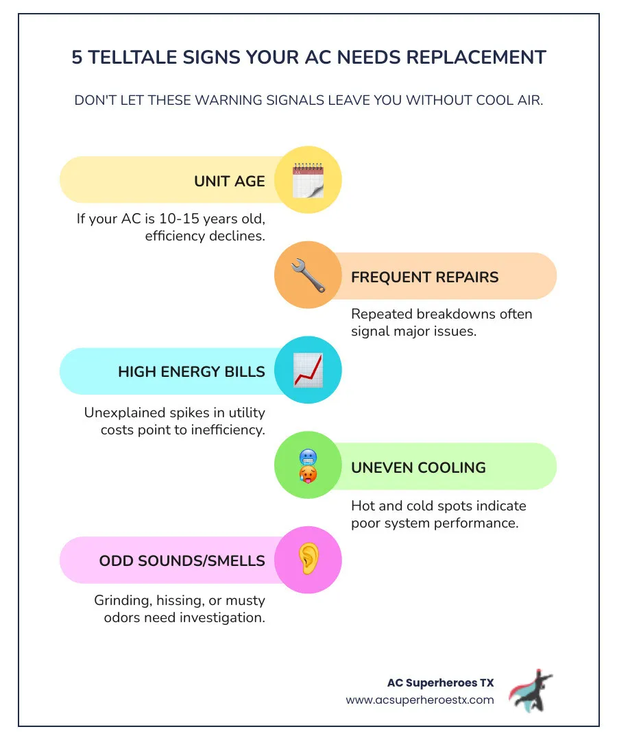 Infographic showing 5 key warning signs that indicate an Austin AC unit needs replacement: unit age over 15 years, frequent costly repairs, rising energy bills despite similar usage, and strange noises or odors from the system - ac replacement in austin infographic infInfographic showing 5 key warning signs that indicate an Austin AC unit needs replacement: unit age over 15 years, frequent costly repairs, rising energy bills despite similar usage, and strange noises or odors from the system - ac replacement in austin infographic infographic-line-5-steps-colorsographic-line-5-steps-colors