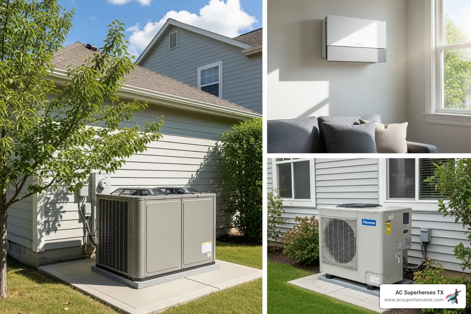different AC unit types, including a central unit, a ductless mini-split, and a heat pump - ac replacement in austin