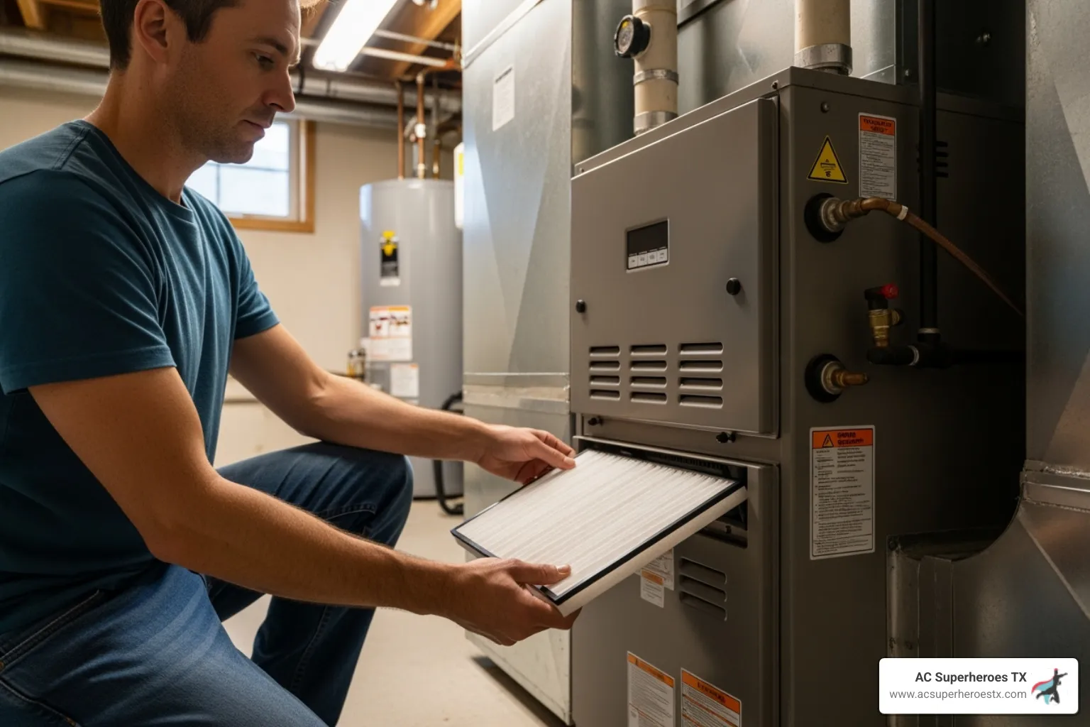 homeowner changing a furnace filter - furnace installation Austin