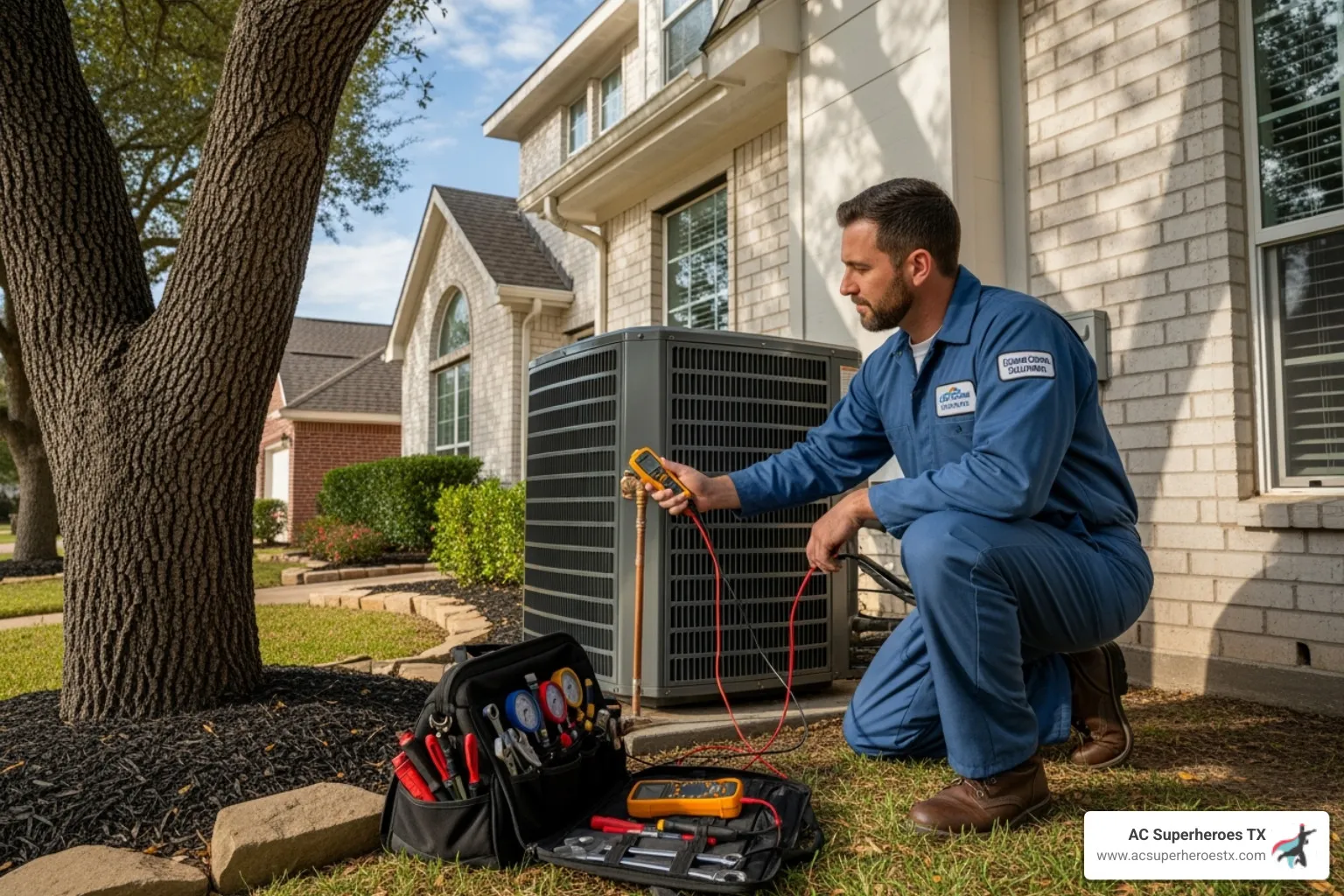 professional technician inspecting outdoor AC unit - hvac repair pflugerville