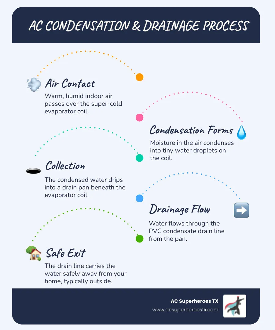 Infographic explaining the AC condensation and drainage process from the evaporator coil to the outside drain - AC drain clogged infographic infographic-line-5-steps-blues-accent_colors