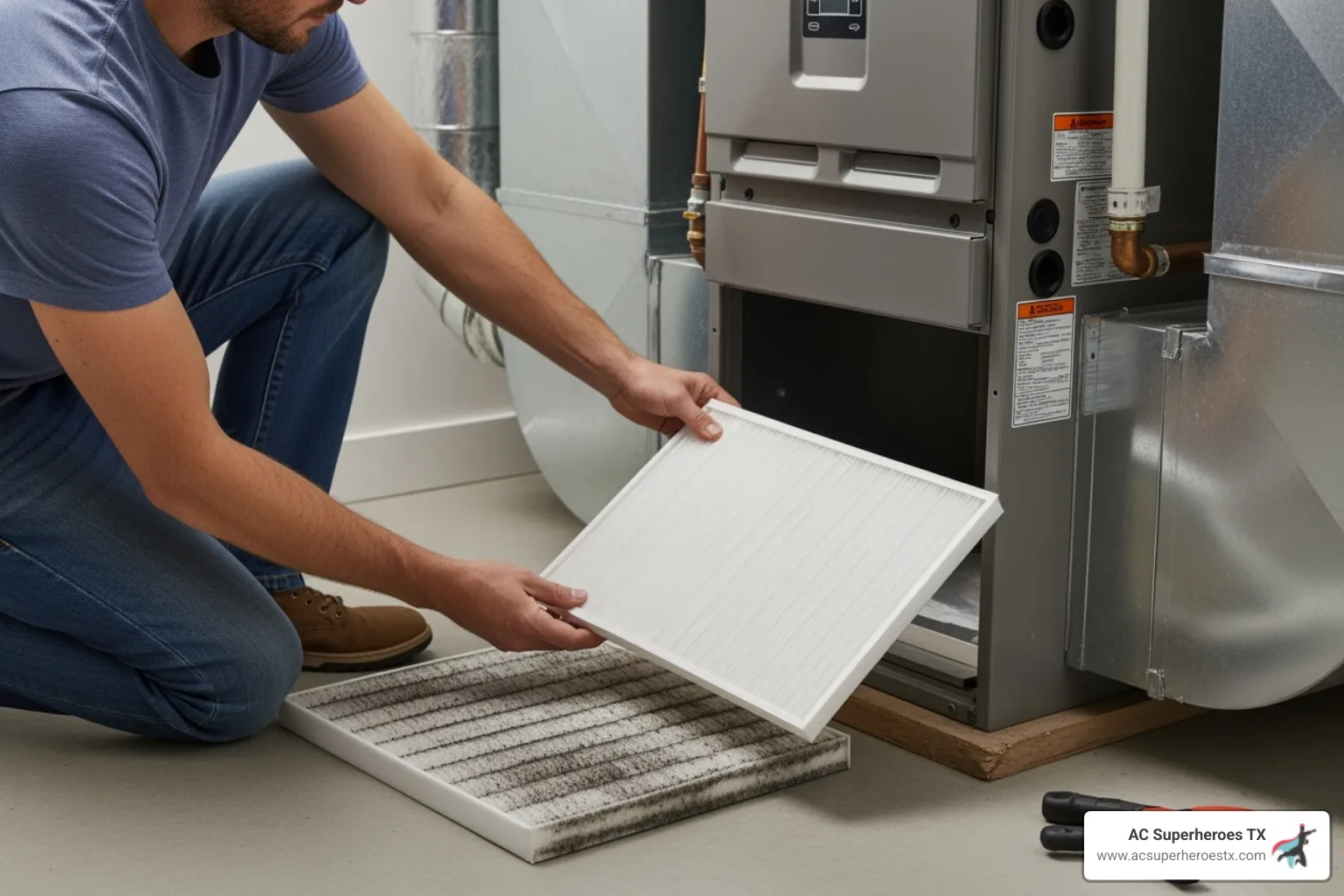 Homeowner replacing a clean air filter in their HVAC system - AC drain clogged