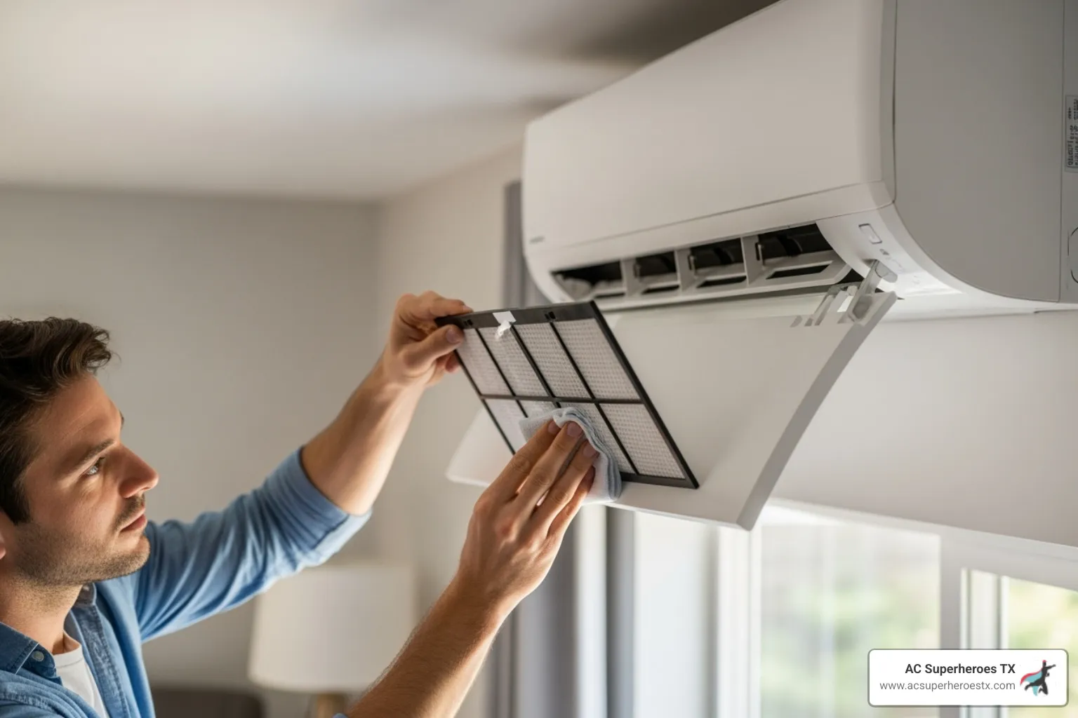 a homeowner cleaning a mini-split air filter - ductless AC maintenance