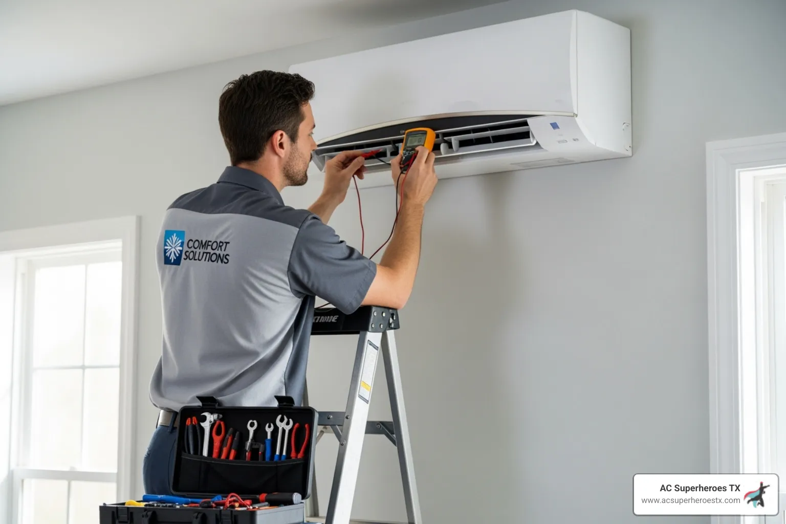 a professional HVAC technician servicing a ductless mini-split - ductless AC maintenance