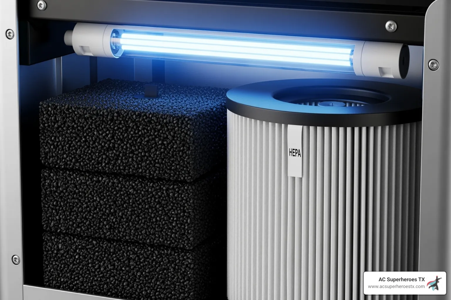 Different types of air filters including HEPA, carbon, and UV bulb - Air purifier installation