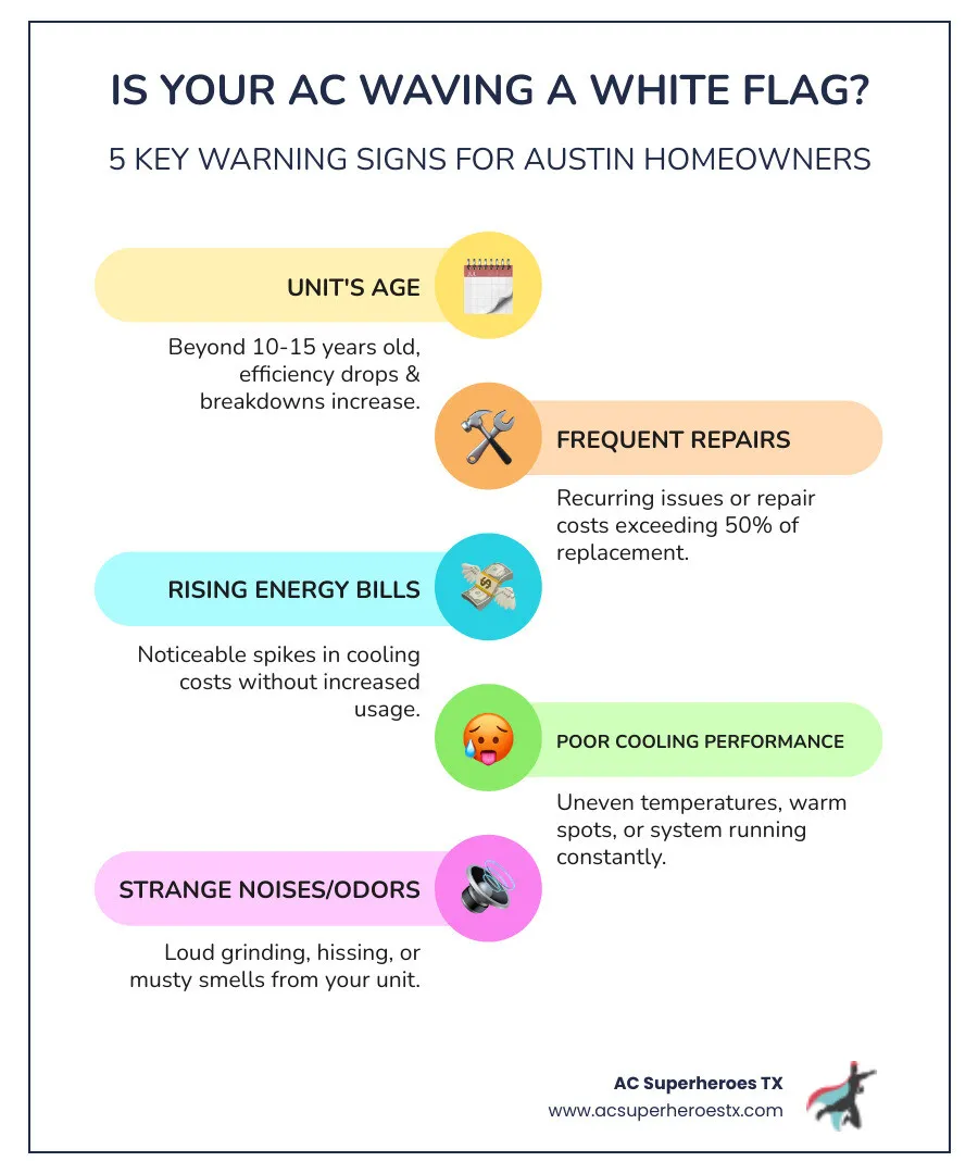 Infographic showing 7 key signs your AC unit needs replacement: age over 15 years, frequent repairs exceeding 50% of replacement cost, rising energy bills, poor cooling performance, strange noises, humidity problems, and R-22 refrigerant systems requiring expensive repairs - ac replacement company in austin tx infographic infographic-line-5-steps-colors