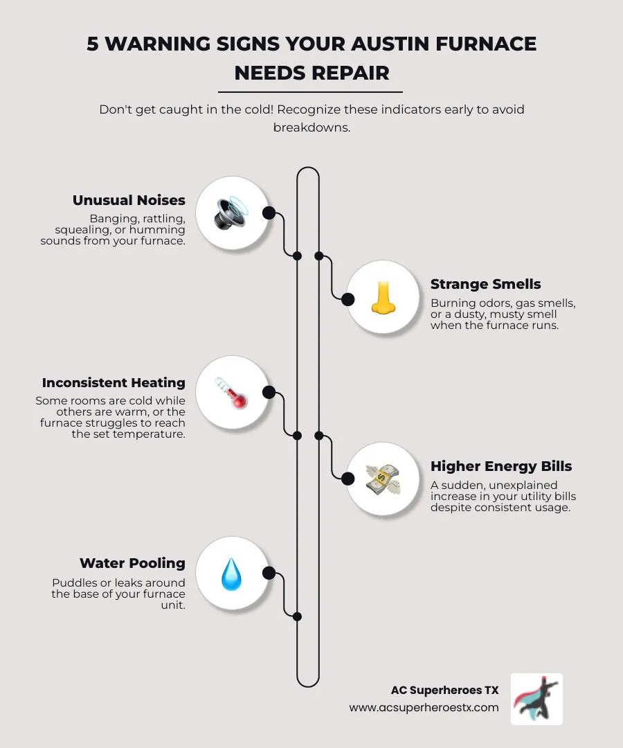 Infographic showing 5 warning signs your Austin furnace needs repair: unusual noises like banging or rattling, strange burning or gas odors, inconsistent heating throughout your home, unexplained increases in energy bills, and water pooling around the furnace unit - austin tx furnace repair infographic infographic-line-5-steps-neat_beige
