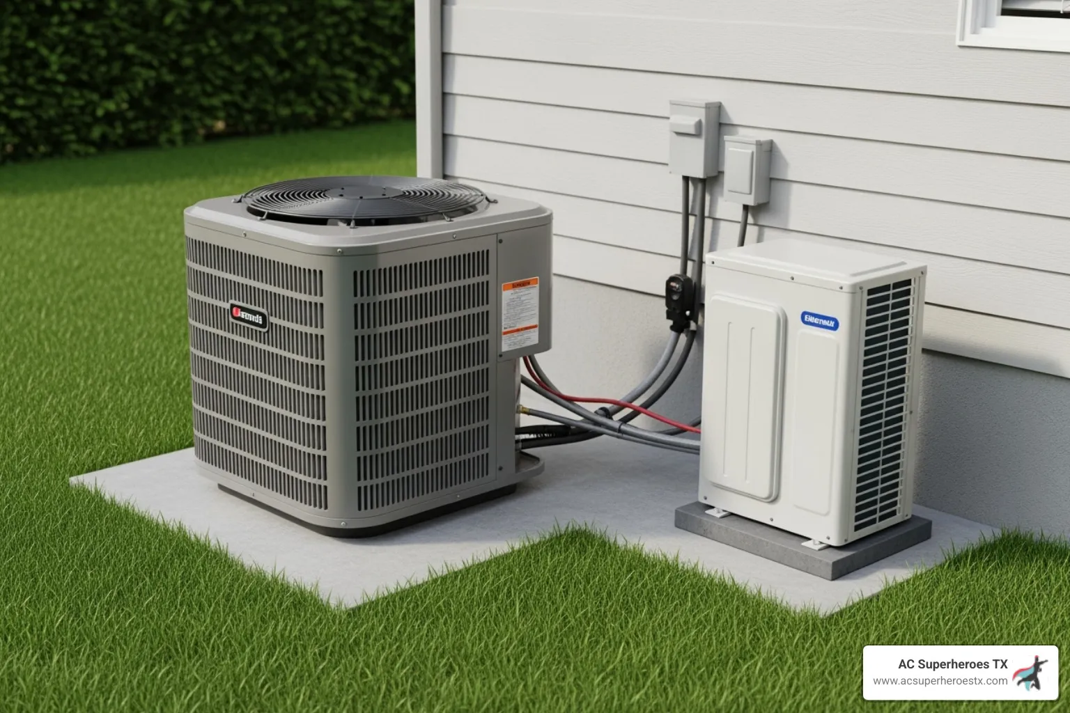 A central air conditioner unit and a ductless mini-split system side-by-side - AC installation Round Rock