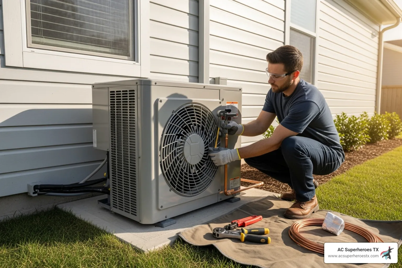 A certified technician carefully installing an outdoor AC unit - AC installation Round Rock