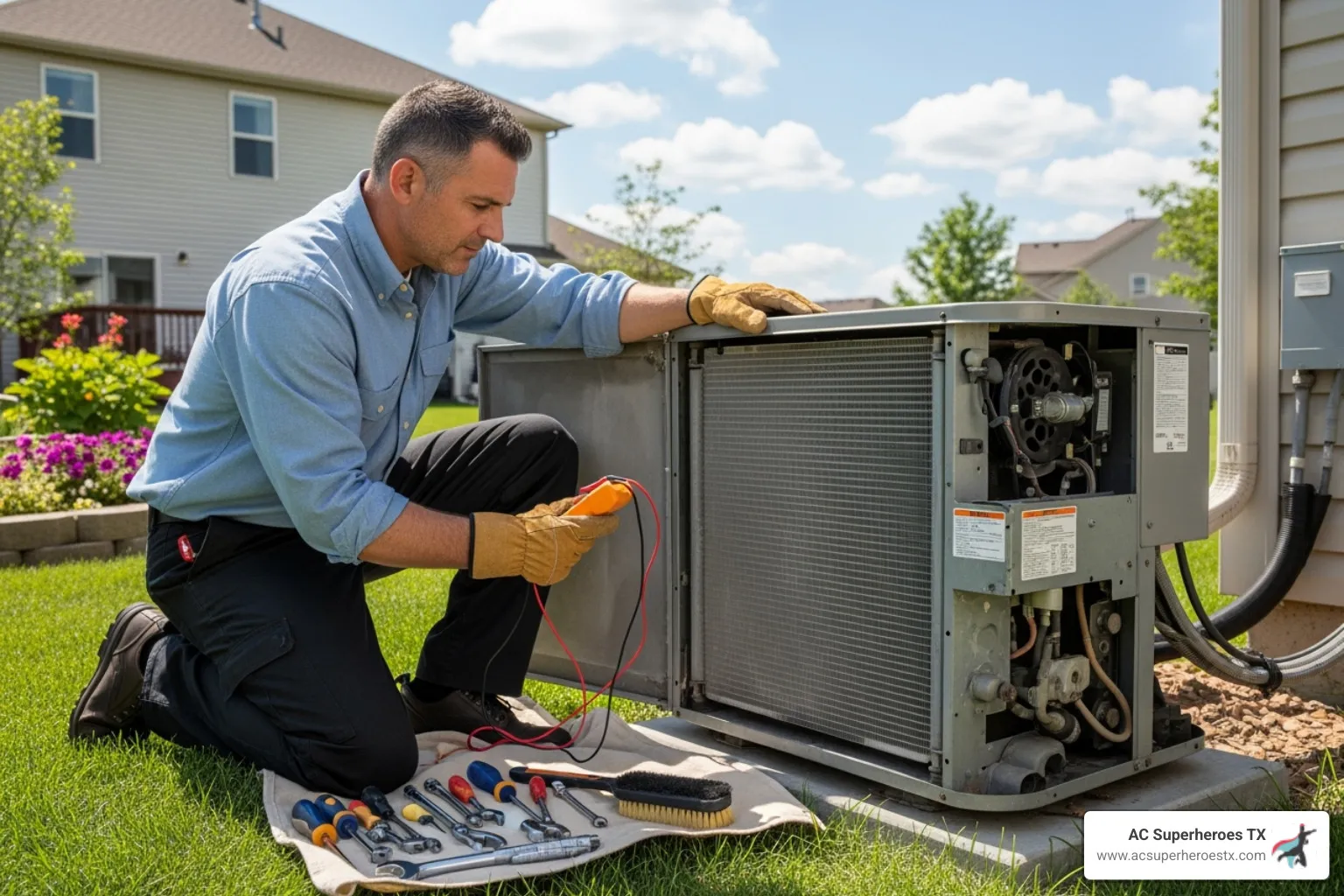 A technician performing routine maintenance on an AC unit - AC installation Round Rock