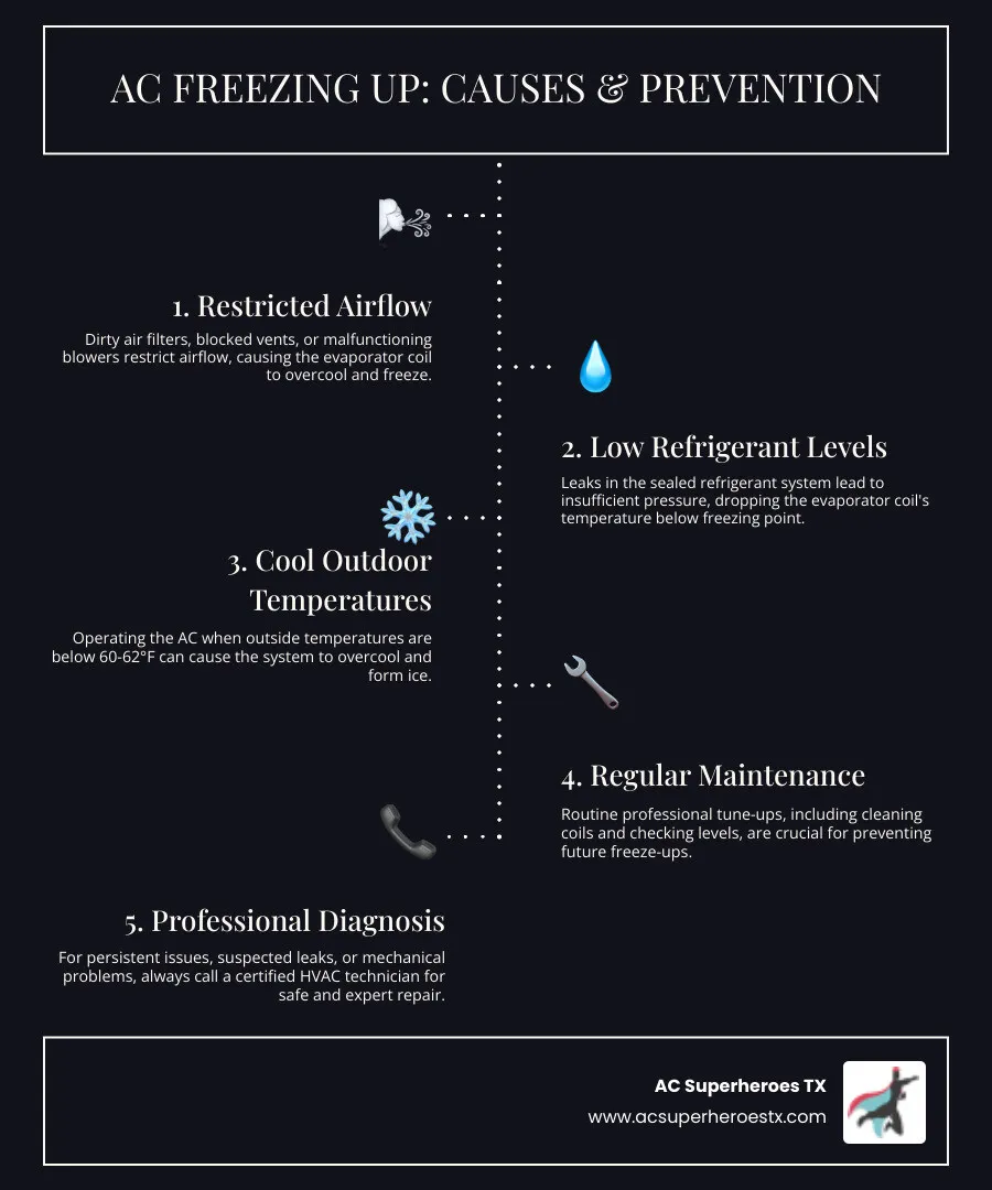 Infographic showing the top 3 causes of AC freezing up: Blocked Airflow from dirty filters and closed vents, Low Refrigerant from system leaks, and Cool Outdoor Temperatures below 60 degrees Fahrenheit - AC freezing up infographic infographic-line-5-steps-dark