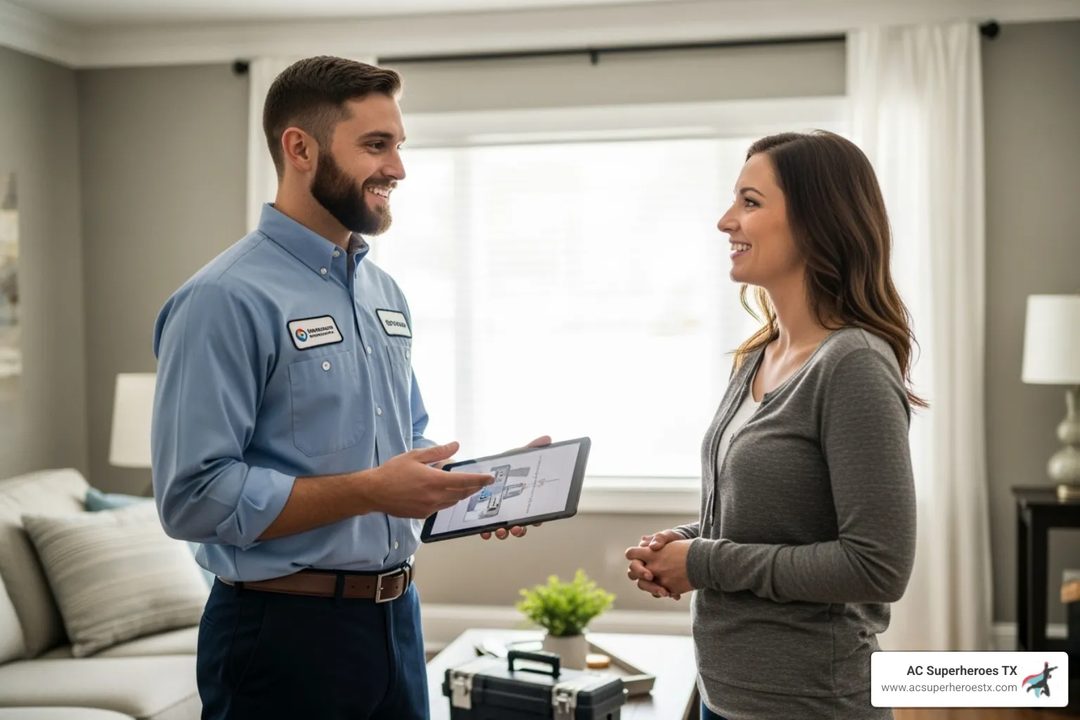 friendly, professional technician talking with a homeowner - air conditioning repair austin texas