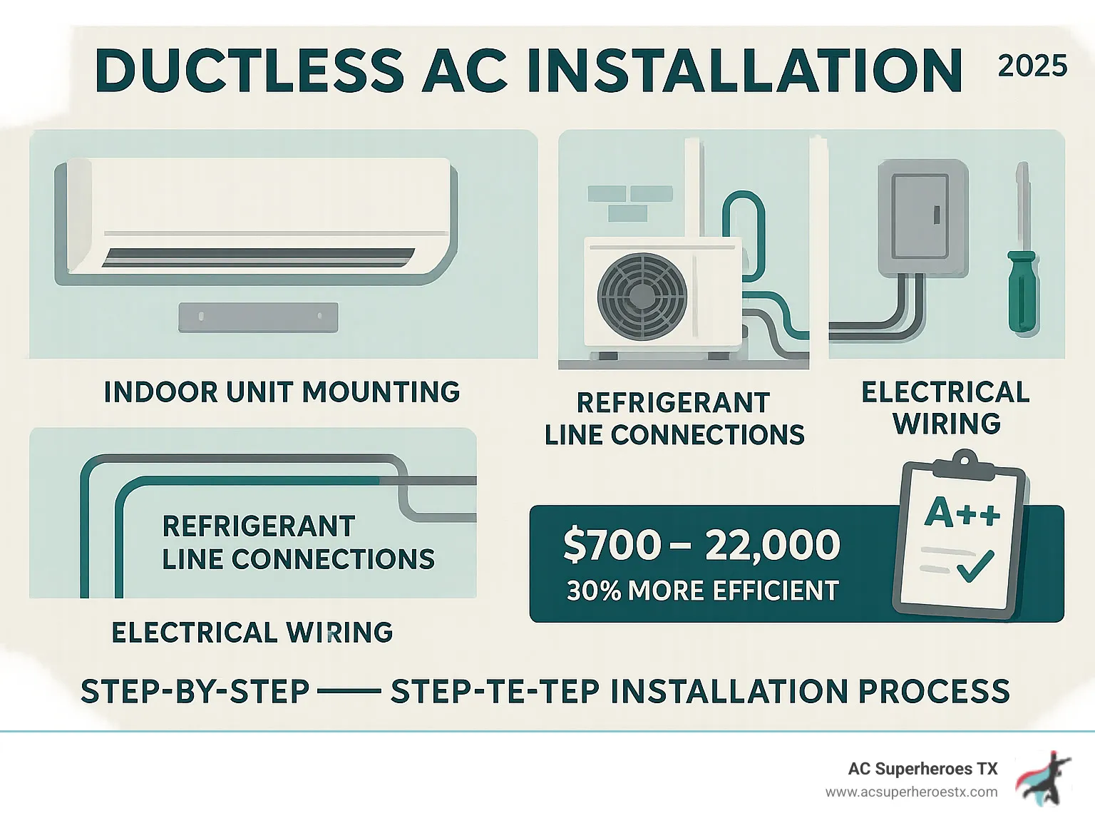 Step-by-step ductless mini-split installation process showing indoor unit mounting, outdoor condenser placement, refrigerant line connections, electrical wiring, and final system testing with efficiency ratings and cost comparisons - ductless AC installation infographic 