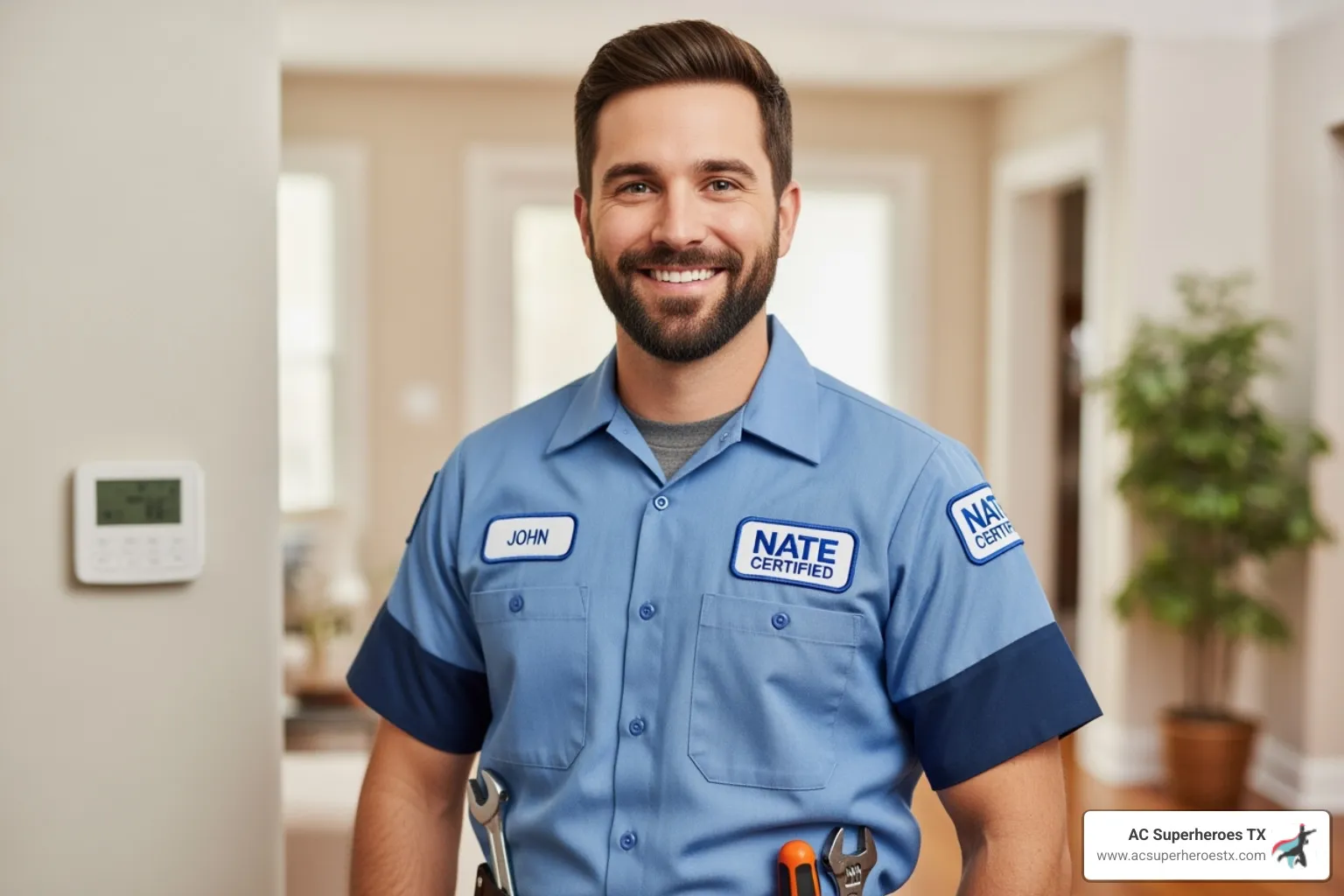 A friendly, professional HVAC technician with a NATE certification patch clearly visible on their uniform, smiling and ready to work - heating and air conditioning austin