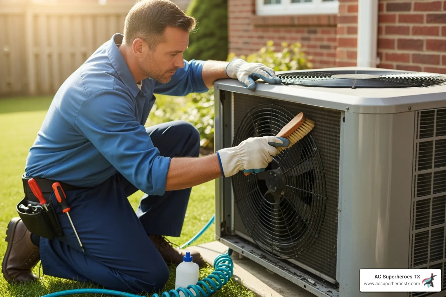 A skilled technician performing routine maintenance on an outdoor AC unit, carefully cleaning components and checking connections - heating and air conditioning austin