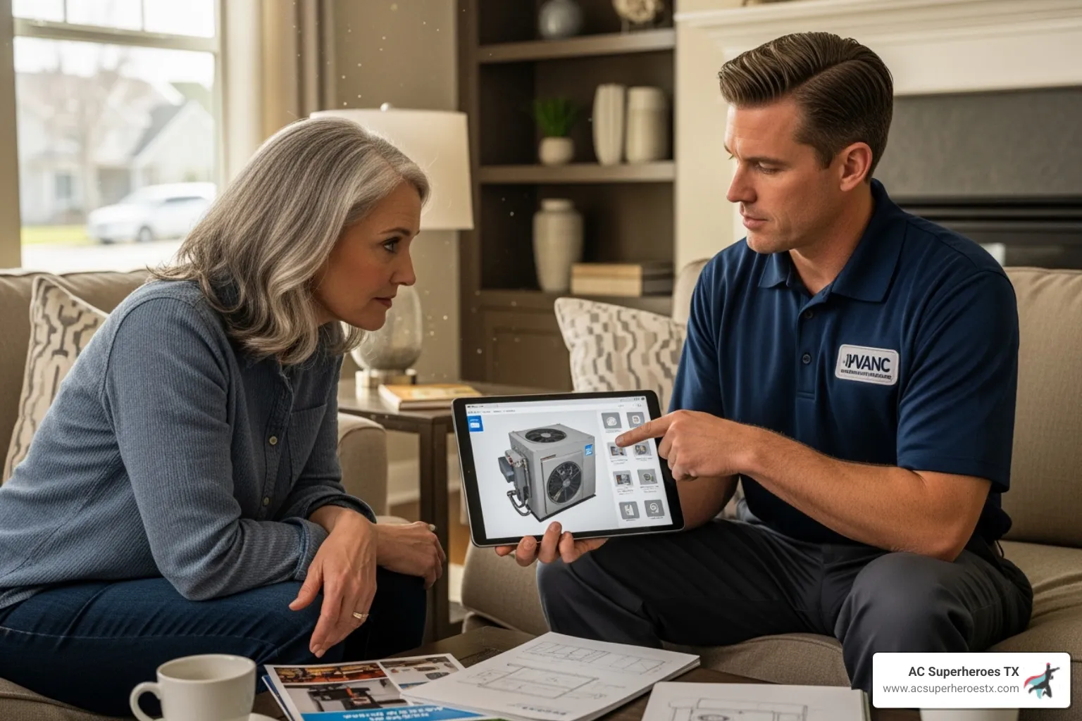 Image of a technician showing a homeowner different air handler options on a tablet - Air handler replacement