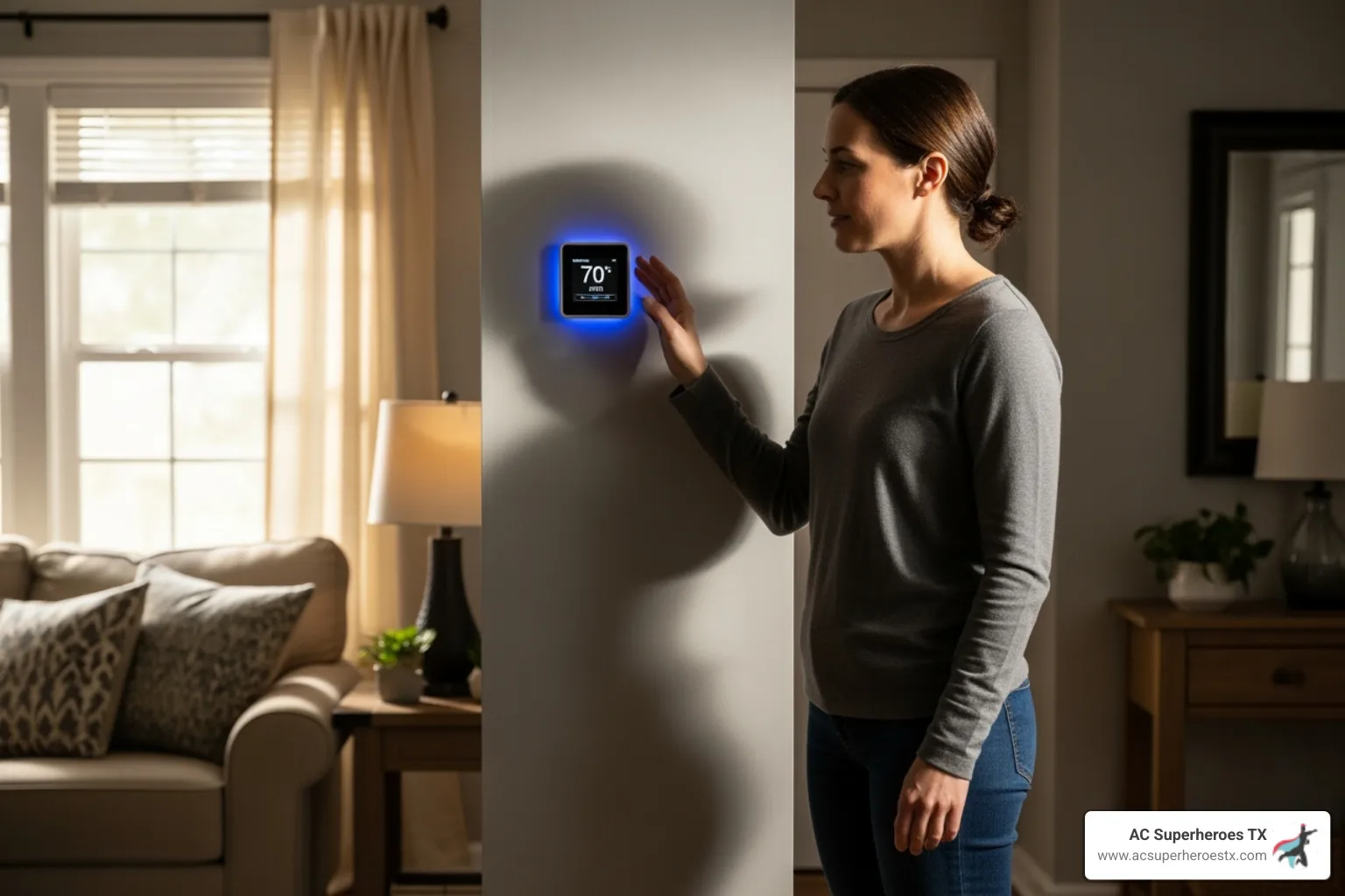 homeowner checking their thermostat - ac repair pflugerville