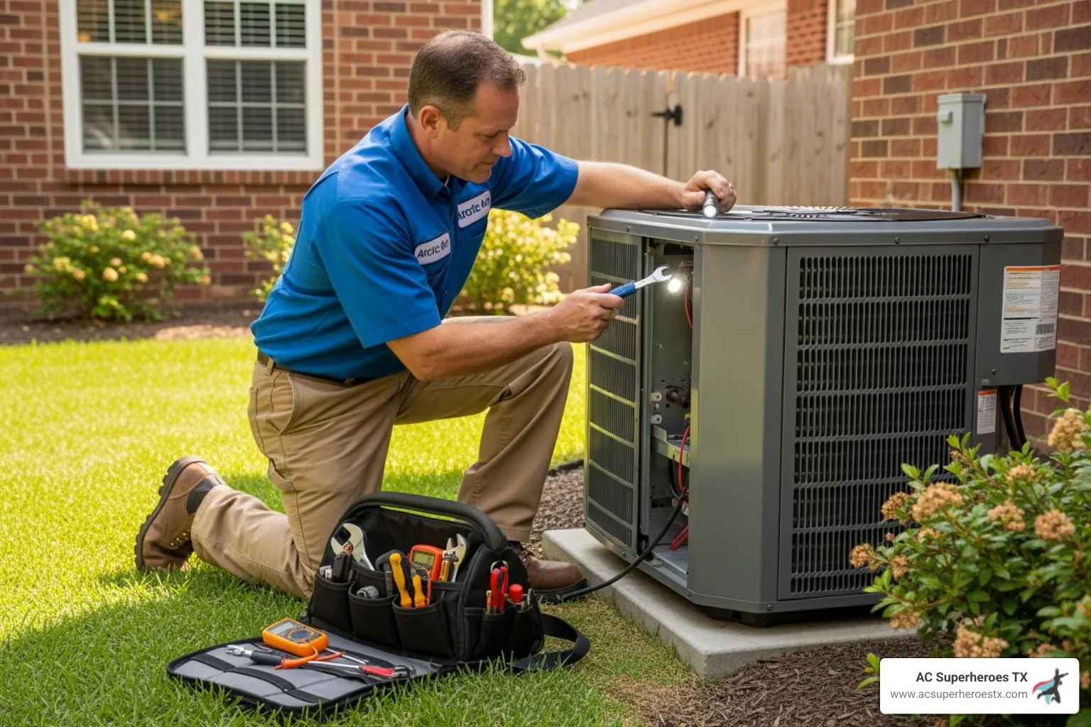 technician performing routine maintenance on an outdoor unit - ac repair pflugerville