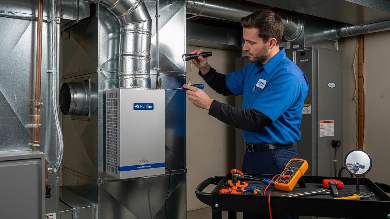 HVAC technician integrating a whole-home air purifier into ductwork for improved air quality