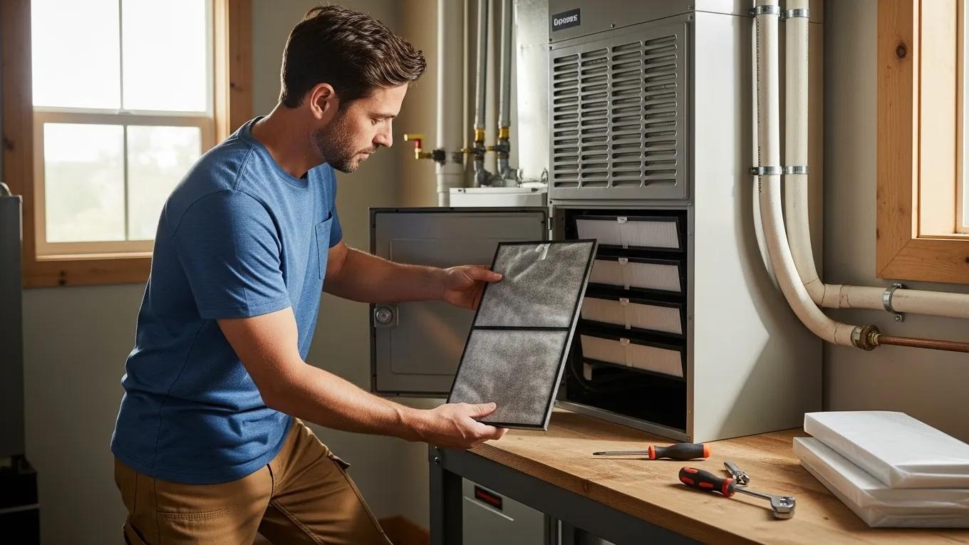 Homeowner maintaining and replacing filters in a whole-home air purifier system