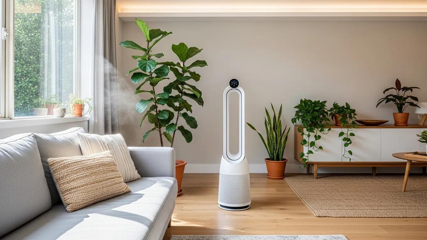 Whole-home air purifier in a bright living room, highlighting indoor air quality improvement