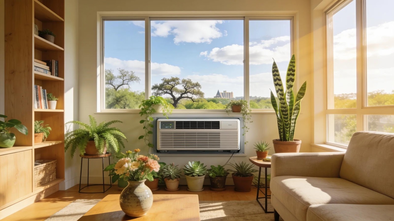 Bright living room with modern HVAC system showcasing the comfort and climate of Austin homes