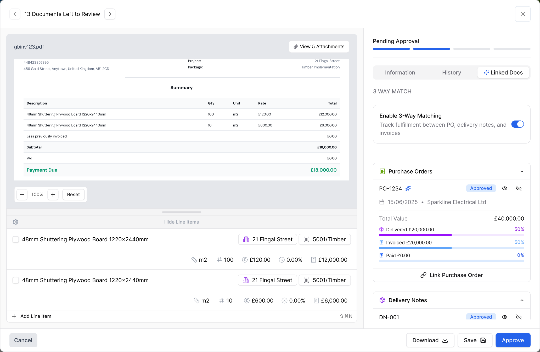 Invoice matched to its purchase order and delivery note