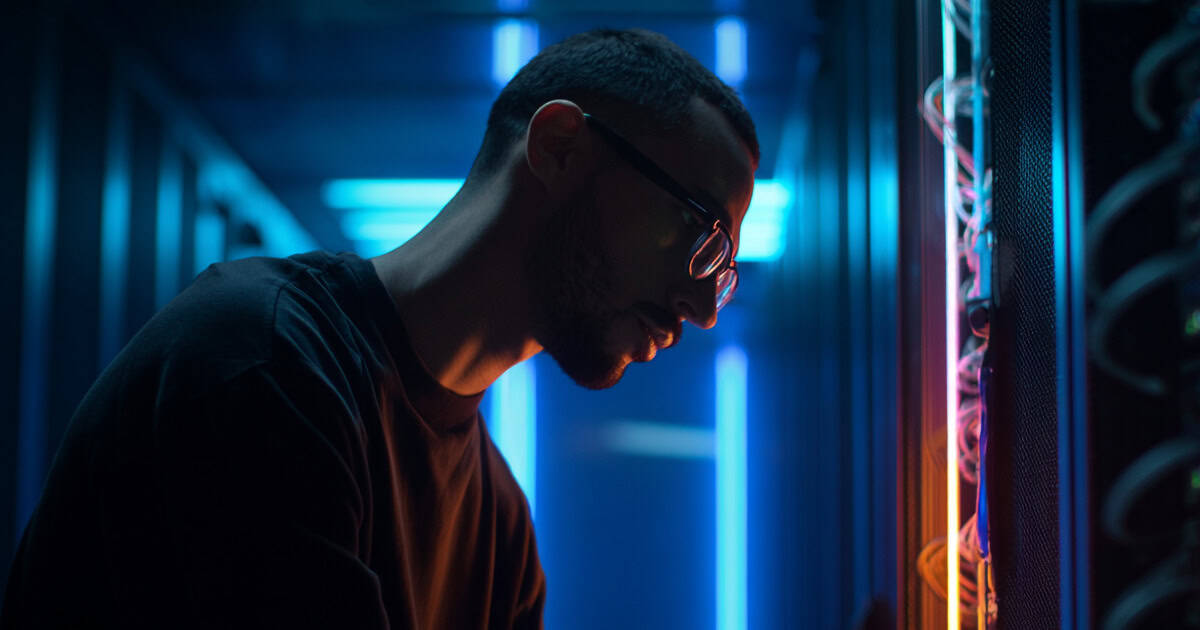 IT technician in a data center working on a firewall.