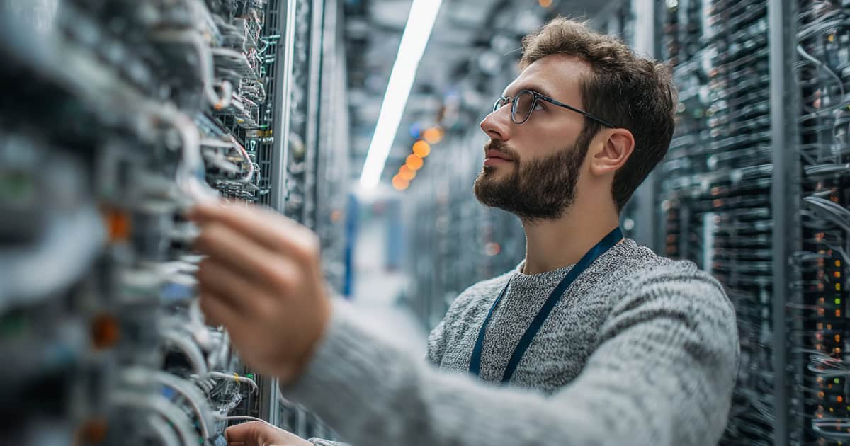 Technician working in a data center network room.