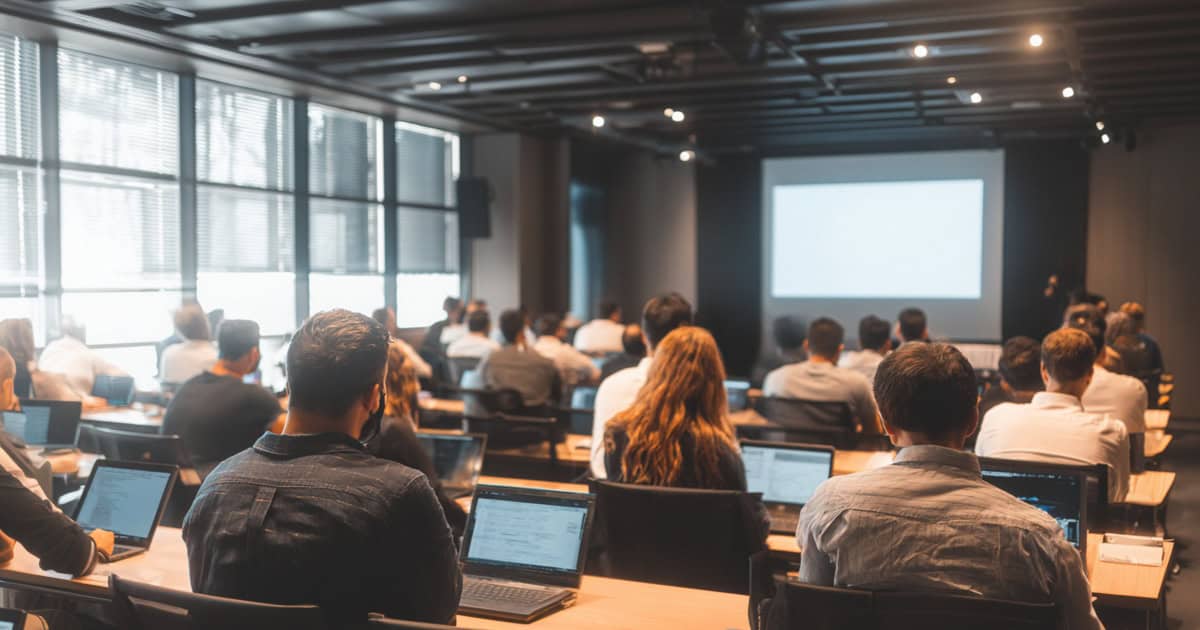 Group receiving training on a software platform.