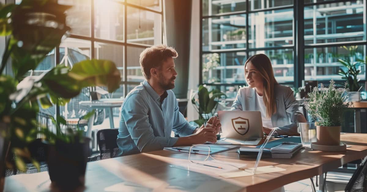 IT technician reviewing digital vulnerability scan results on a workstation inside a modern office.