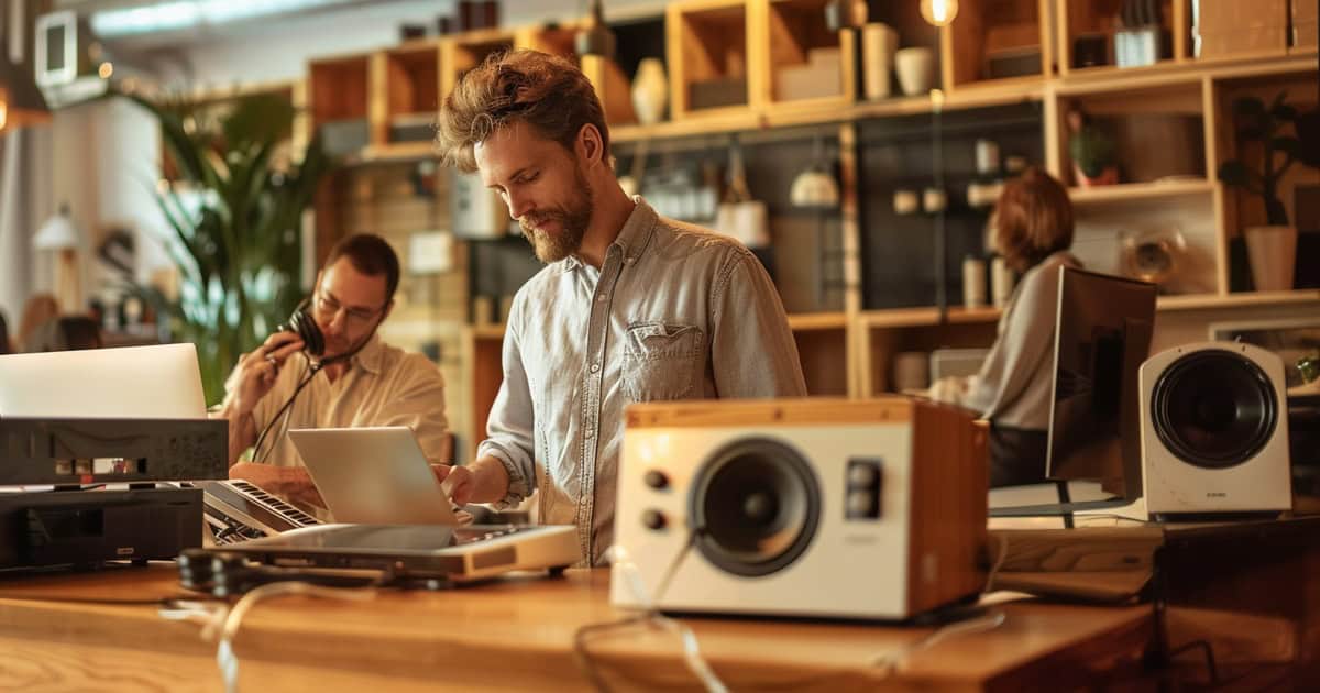 Business environment with subtle background audio equipment setting a welcoming atmosphere.