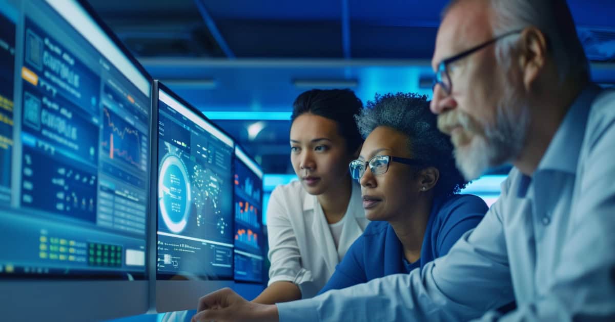 IT specialist monitoring web filtering activity and threat blocks on a computer screen.