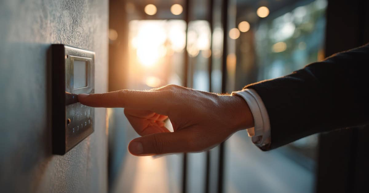 Employee entering a secured business area using an access badge at a door reader.