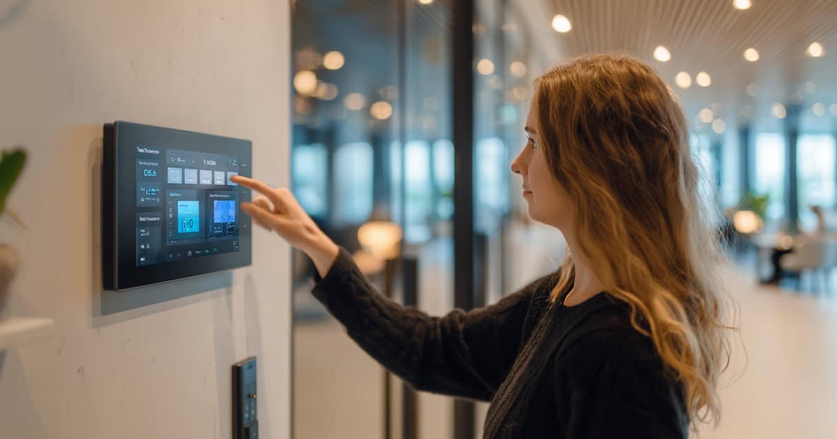 Smart office environment with automated lighting, climate control, and access systems.