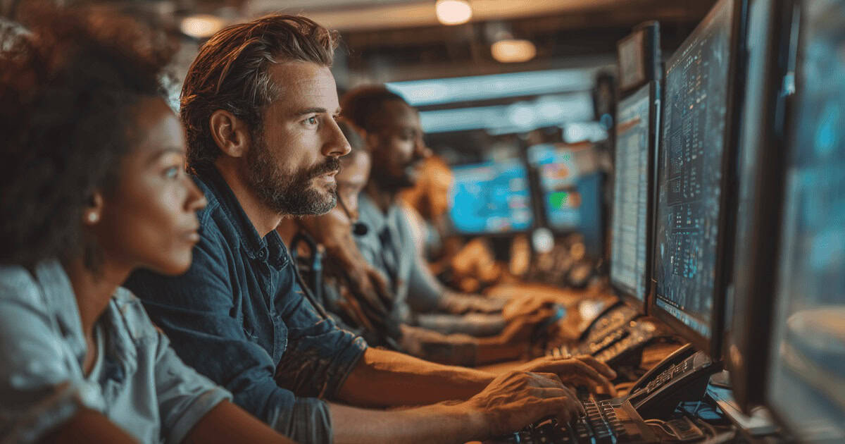 Government staff working with an IT specialist to monitor and manage critical public service systems.