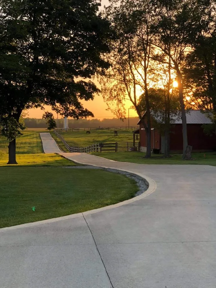 A winding concrete driveway extends through a grassy, tree-lined landscape towards a distant barn and field where horses graze, all under the warm glow of a sunset.