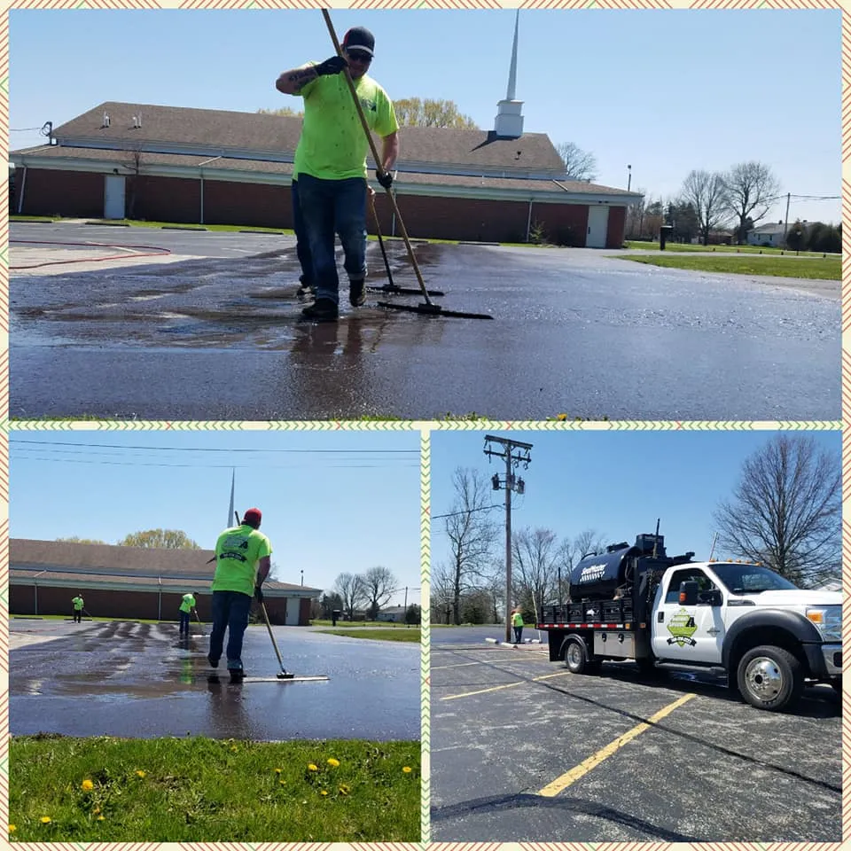 A three-panel collage shows a worker applying a sealcoat to a parking lot, a tanker truck used for the coating, and a close-up of the application process.
