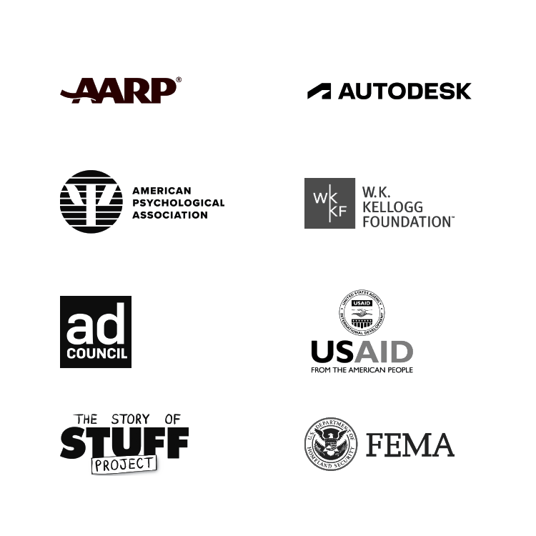 A collection of logos, including American Psychological Association, AARP, Ad Council, The Story of Stuff, W.K. Kellog Foundationm, USAID, Autodesk, and FEMA.