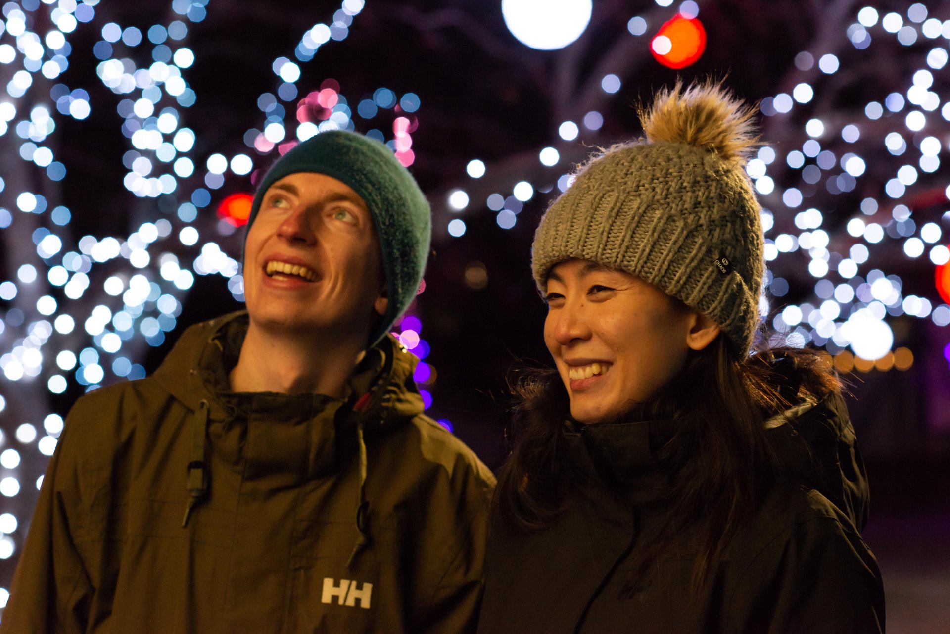 People looking at holiday lights in Lethbridge this December