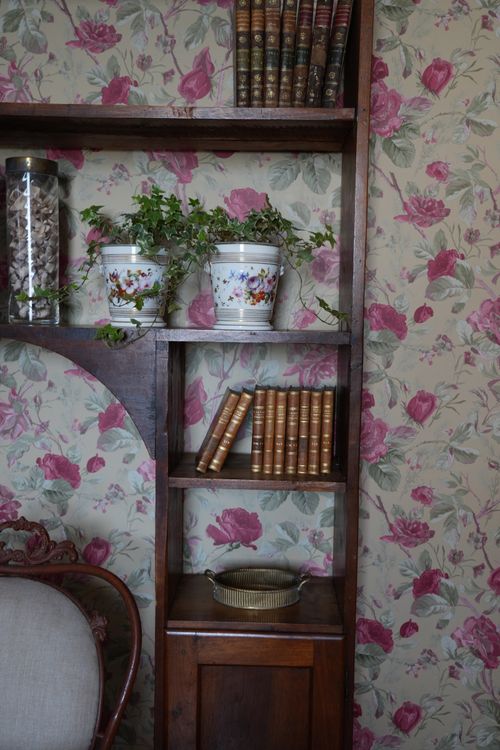 Bookshelf with old Italian books, climbing ivy, and country-style floral wallpaper—ideal for guests seeking heritage and character.