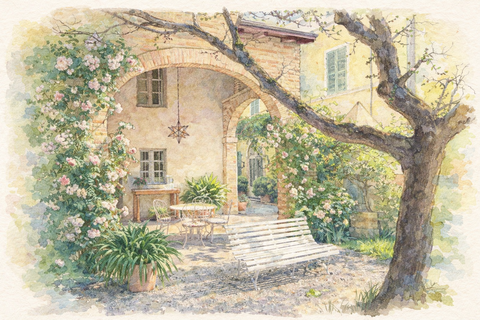 Sunlit courtyard with arched brick entrance, blooming climbing roses, metal table with chairs, white bench, and a large tree.