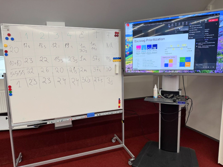 A whiteboard and a monitor with Agile framework learning materials