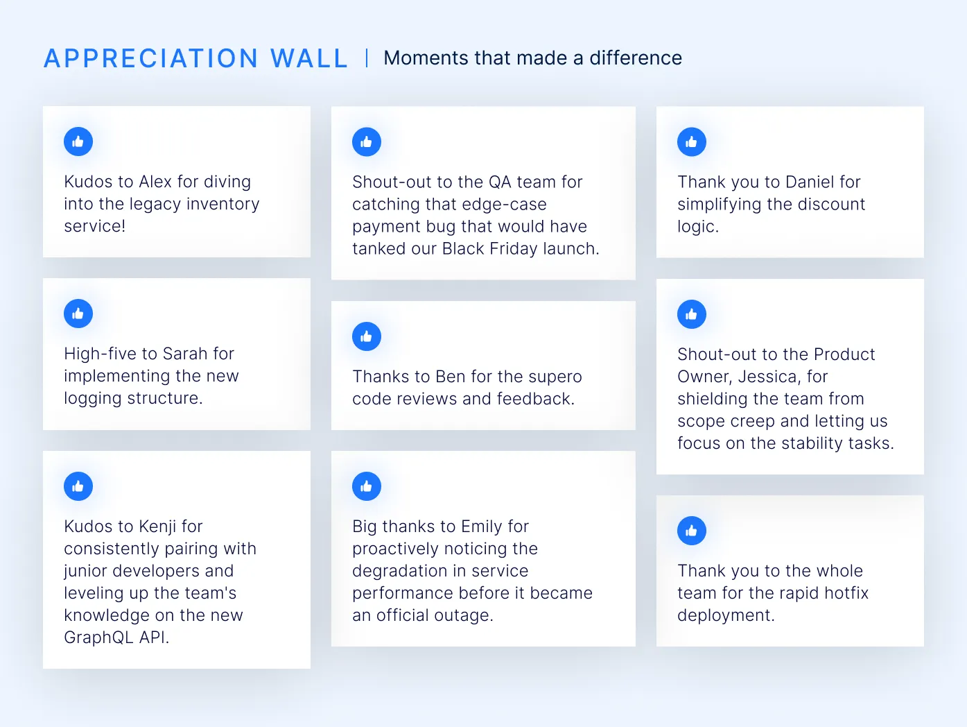 Example of a Kudos (appreciation) wall.
